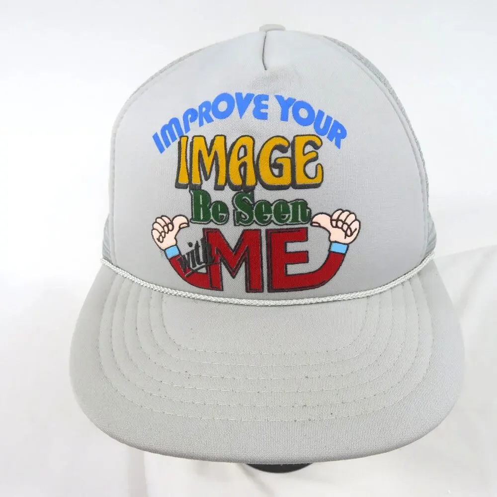 Funny Improve Your Image Be Seen With Me Trucker Rope Gray Mesh Snapback Hat 90s